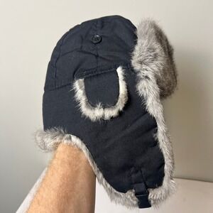 DPC Trapper Hat Mens‎ M Black Genuine Rabbit Fur Trim Aviator Winter Ushanka Cap
